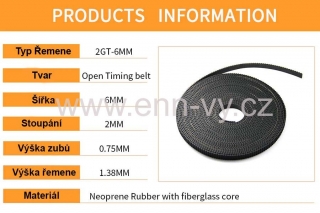 Neoprenový řemen GT2 se skelným vláknem 6mm - 10cm